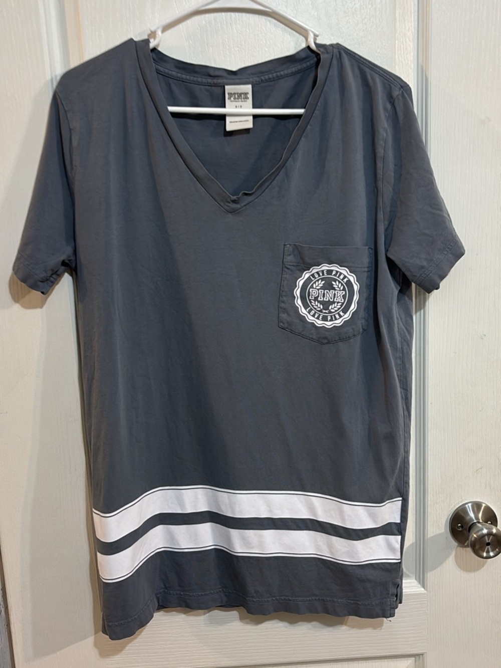 PINK Victoria's Secret Charcoal V-Neck Pocket Tee with White Stripes